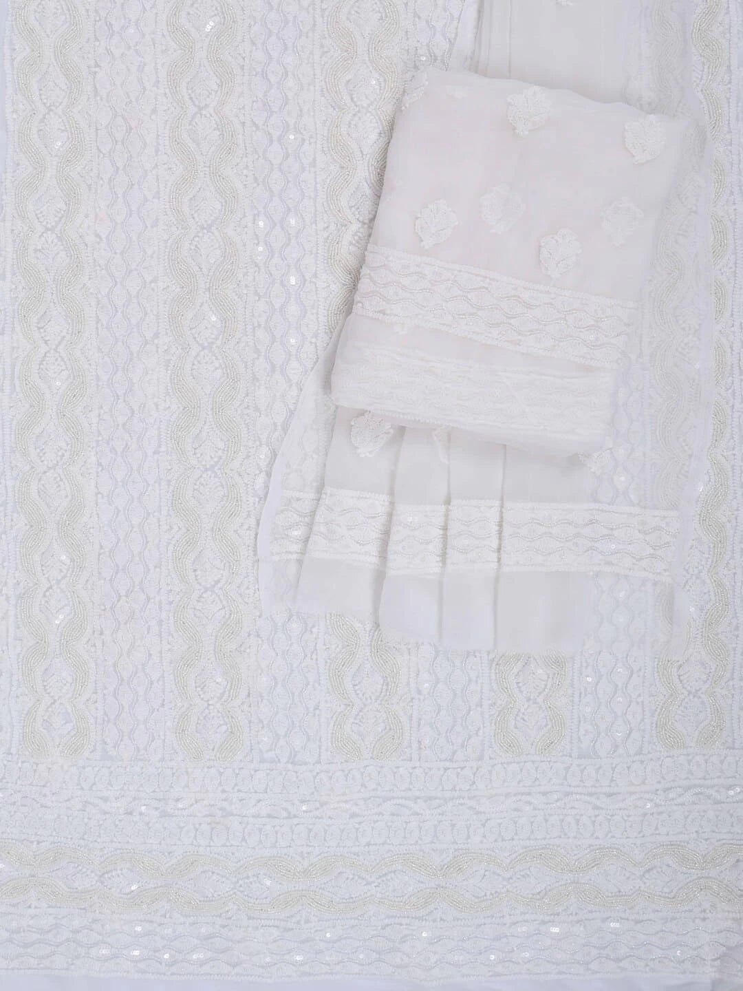 Ada Hand Embroidered White Georgette Lucknowi Chikankari Unstitched Suit Piece With Pearl Work 01A172734