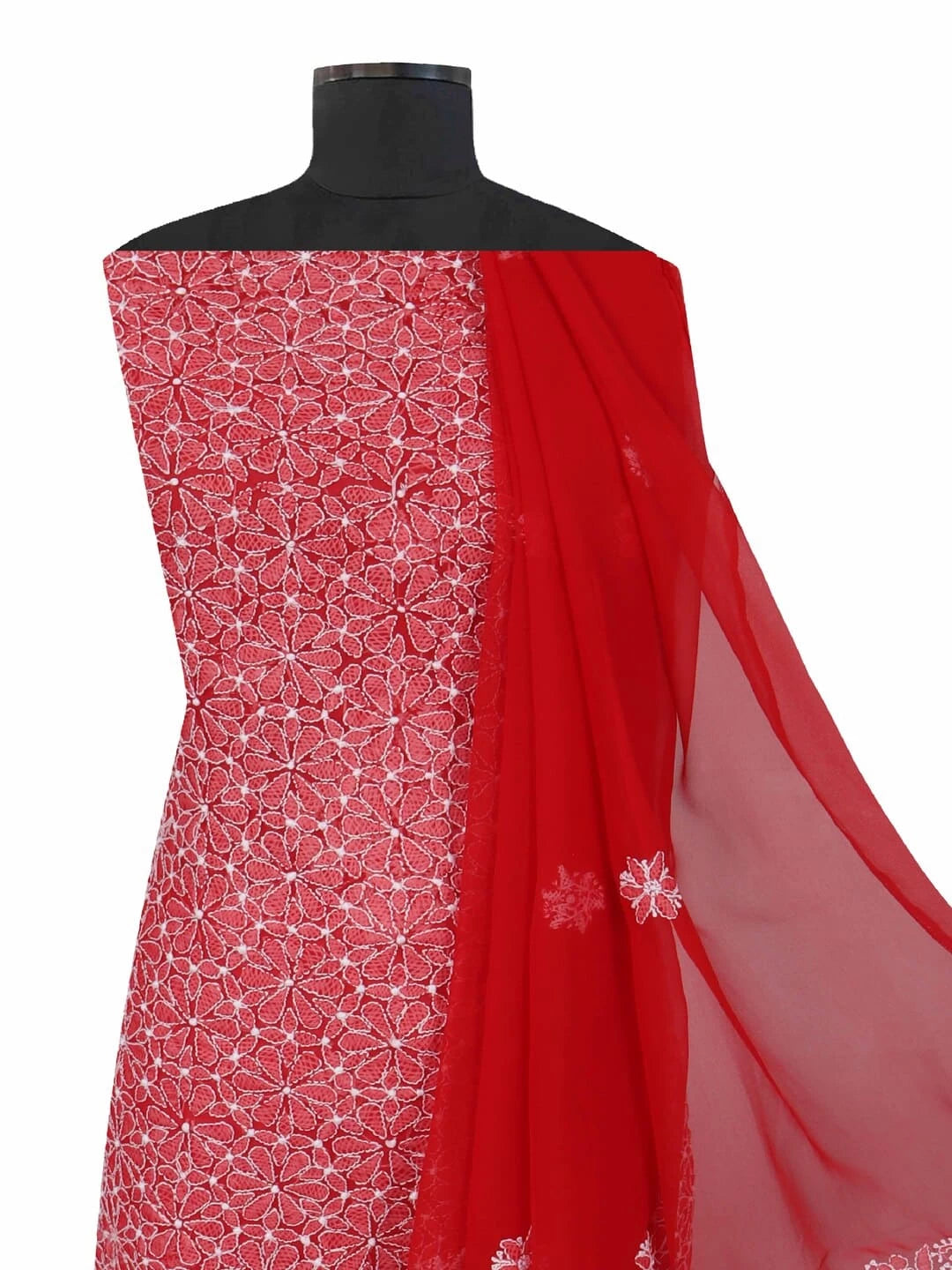 Ada Hand Embroidered Red Georgette Lucknowi Chikankari Unstitched Suit Piece 01A120980