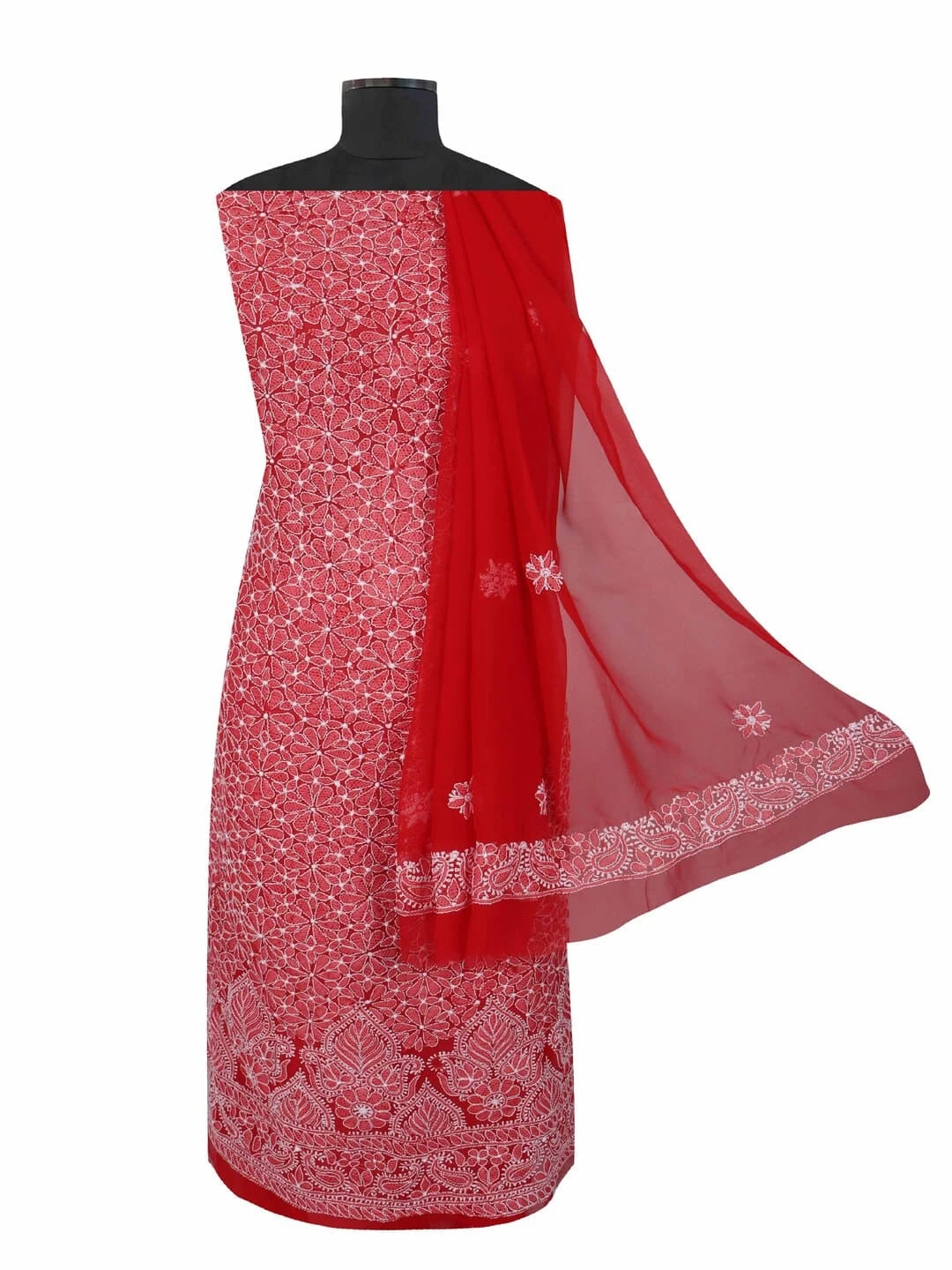 Ada Hand Embroidered Red Georgette Lucknowi Chikankari Unstitched Suit Piece 01A120980