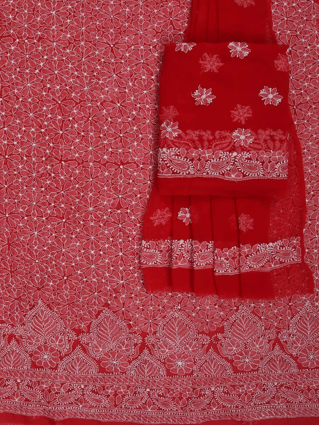 Ada Hand Embroidered Red Georgette Lucknowi Chikankari Unstitched Suit Piece 01A120980