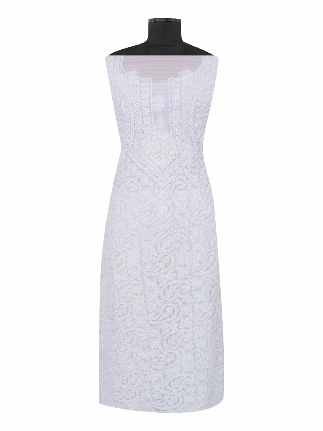 Ada Hand Embroidered White Georgette Lucknowi Chikankari Unstitched Suit Piece With Pearl Work 01A22566