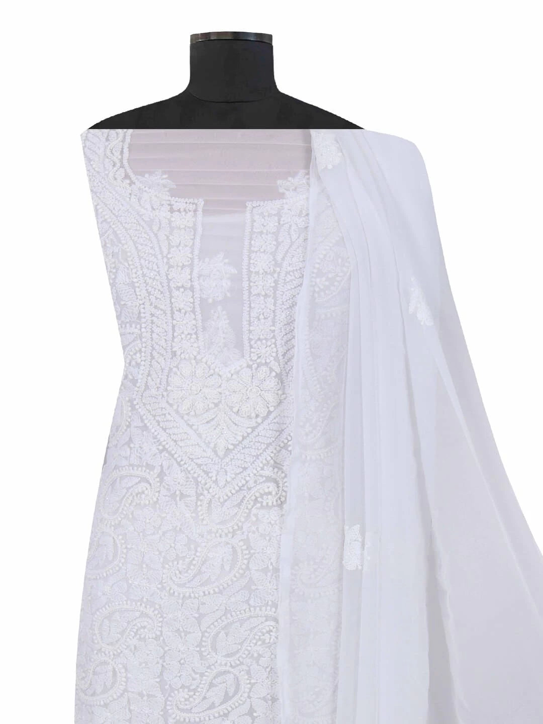 Ada Hand Embroidered White Georgette Lucknowi Chikankari Unstitched Suit Piece With Pearl Work 01A22566