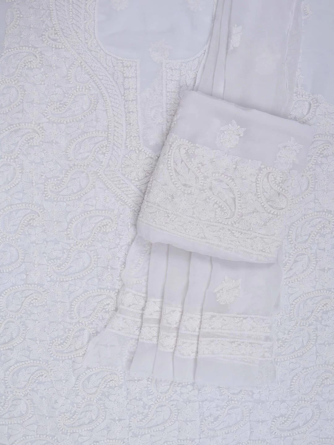 Ada Hand Embroidered White Georgette Lucknowi Chikankari Unstitched Suit Piece With Pearl Work 01A22566