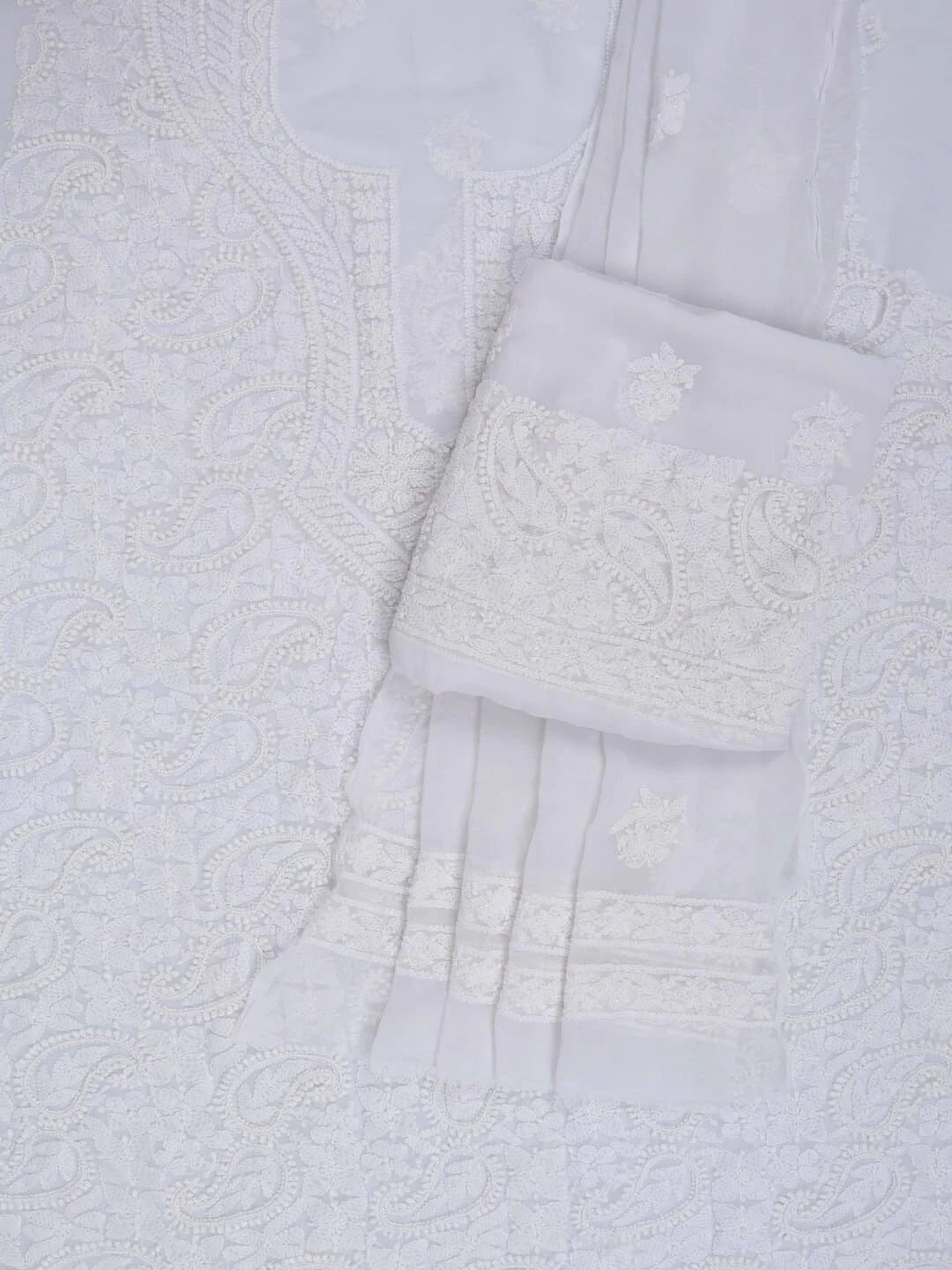 Ada Hand Embroidered White Georgette Lucknowi Chikankari Unstitched Suit Piece With Pearl Work 01A22566
