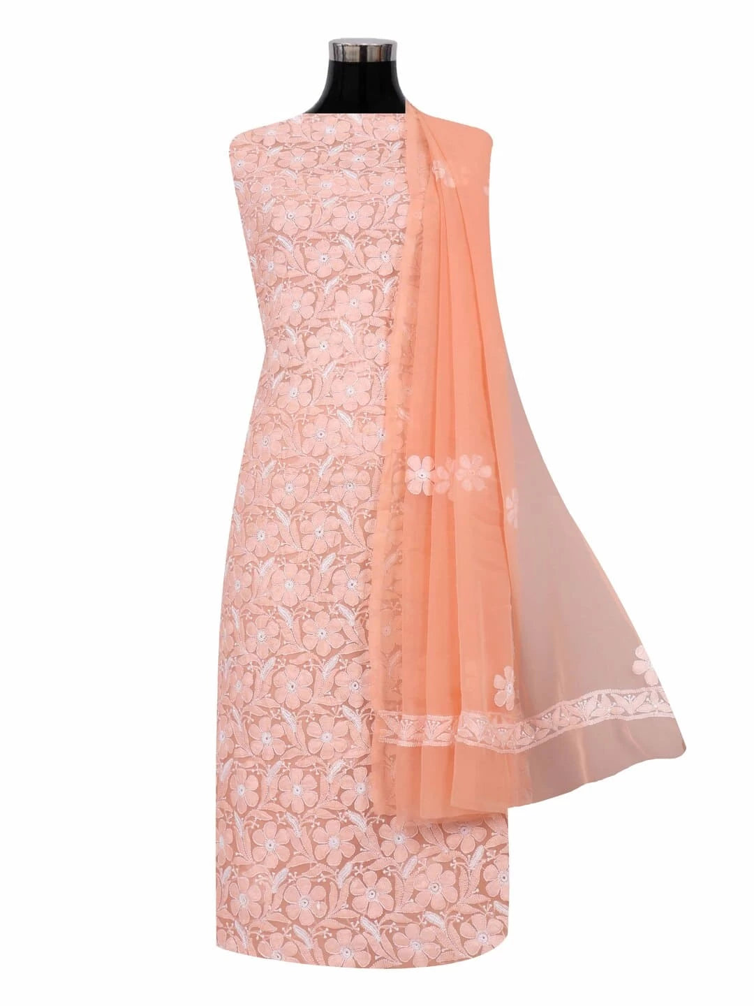 Ada Hand Embroidered Peach Georgette Lucknowi Chikankari Unstitched Suit Piece 01A219148