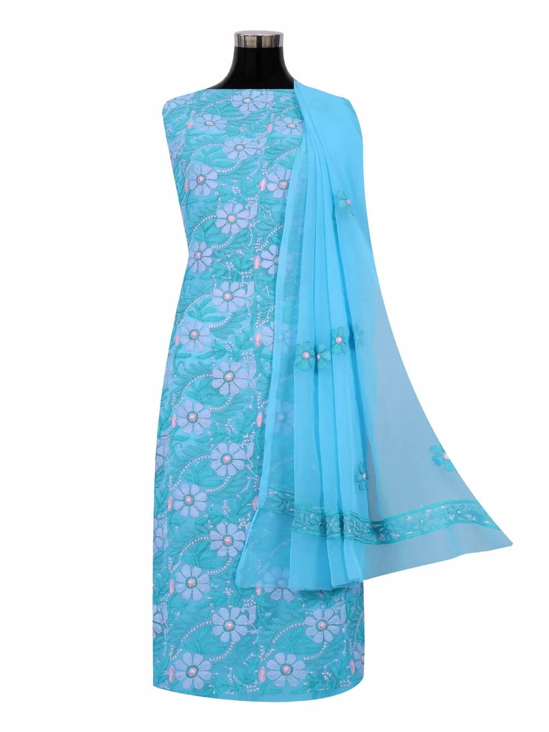 Ada Hand Embroidered Blue Georgette Lucknowi Chikankari Unstitched Suit Piece 01A140591