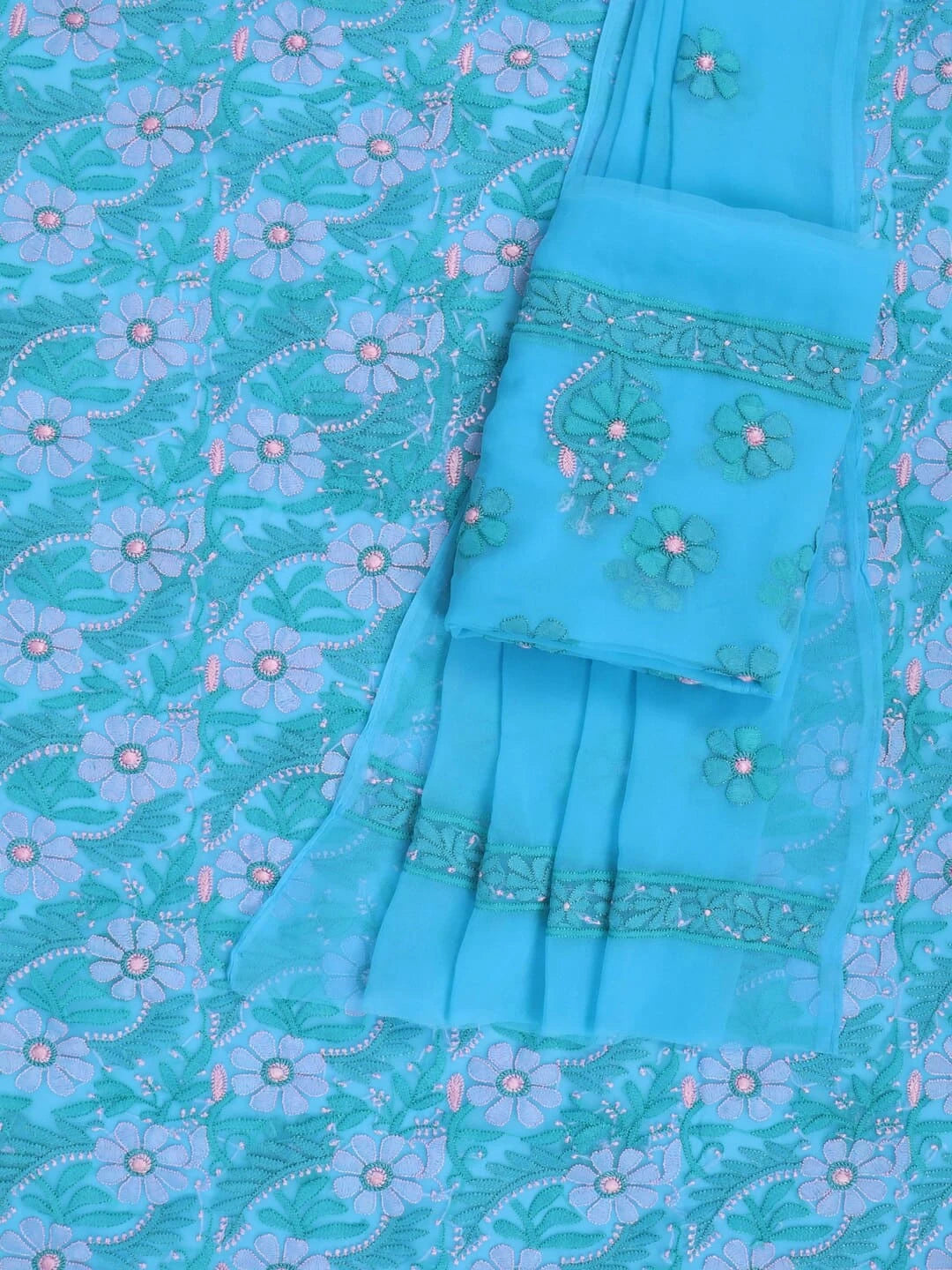 Ada Hand Embroidered Blue Georgette Lucknowi Chikankari Unstitched Suit Piece 01A140591
