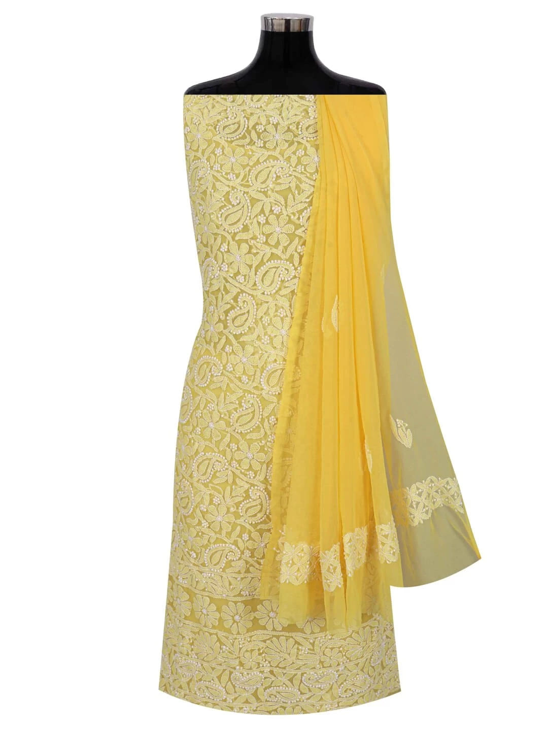 Ada Hand Embroidered Yellow Georgette Lucknowi Chikankari Unstitched Suit Piece 01A254294