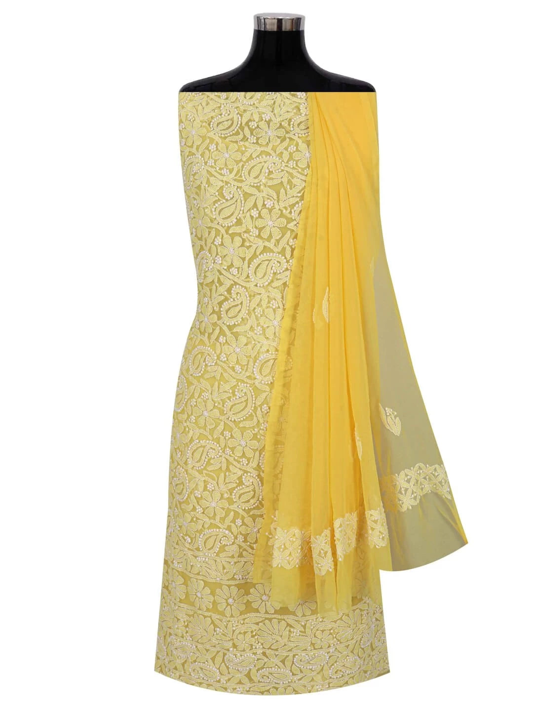 Ada Hand Embroidered Yellow Georgette Lucknowi Chikankari Unstitched Suit Piece 01A254294