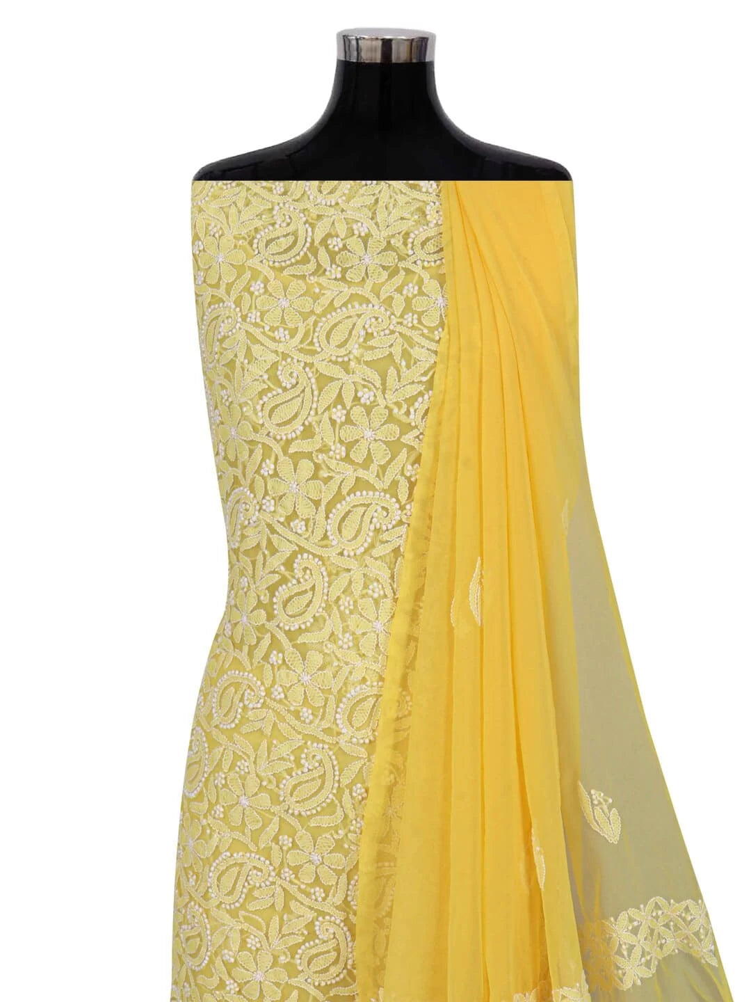 Ada Hand Embroidered Yellow Georgette Lucknowi Chikankari Unstitched Suit Piece 01A254294