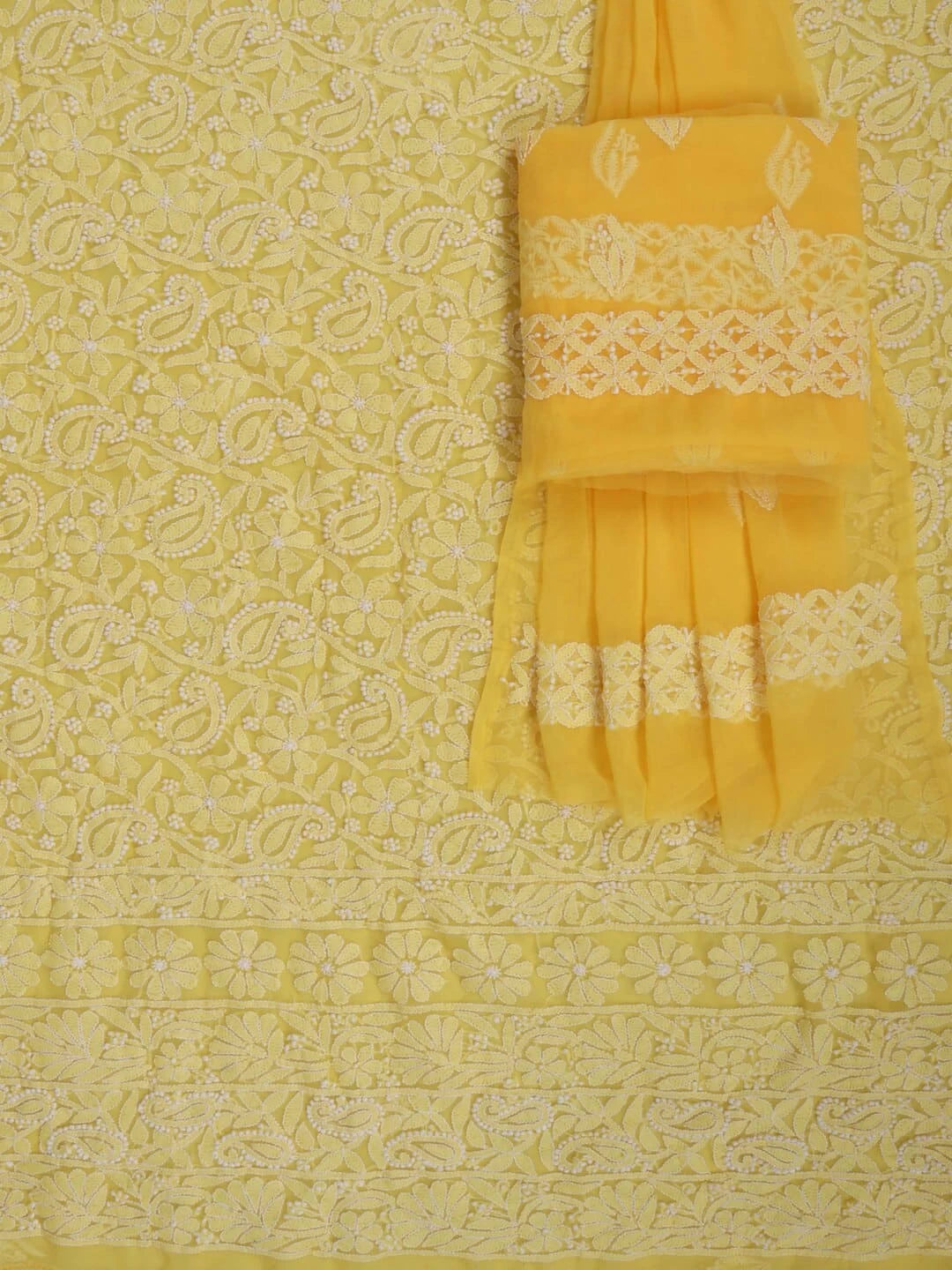 Ada Hand Embroidered Yellow Georgette Lucknowi Chikankari Unstitched Suit Piece 01A254294