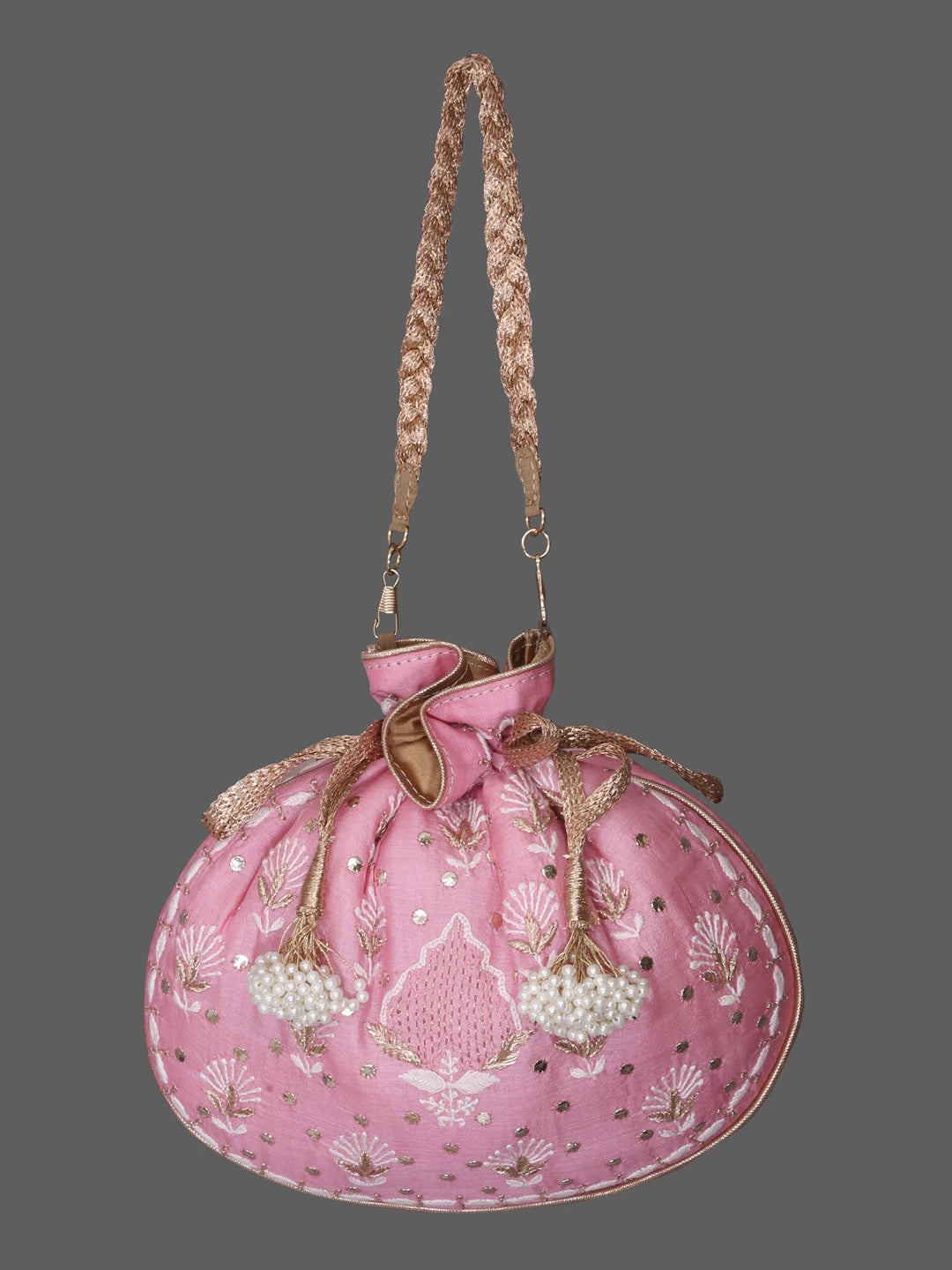 Ada Hand Embroidered Dusty Pink Silk Lucknowi Chikankari Potli Bag With Muqaish Work 01A378239