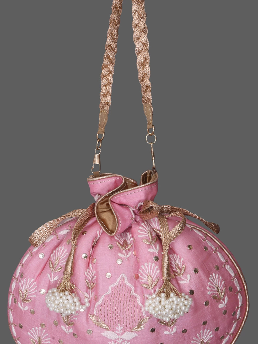 Ada Hand Embroidered Dusty Pink Silk Lucknowi Chikankari Potli Bag With Muqaish Work 01A378239