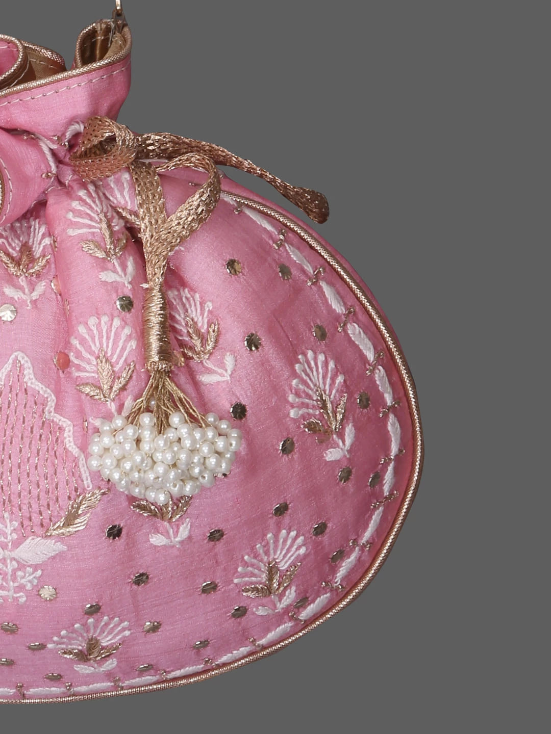 Ada Hand Embroidered Dusty Pink Silk Lucknowi Chikankari Potli Bag With Muqaish Work 01A378239