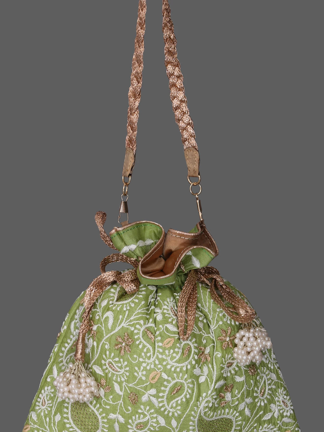 Ada Hand Embroidered Green Silk Lucknowi Chikankari Potli Bag With Zari Work 01A378190