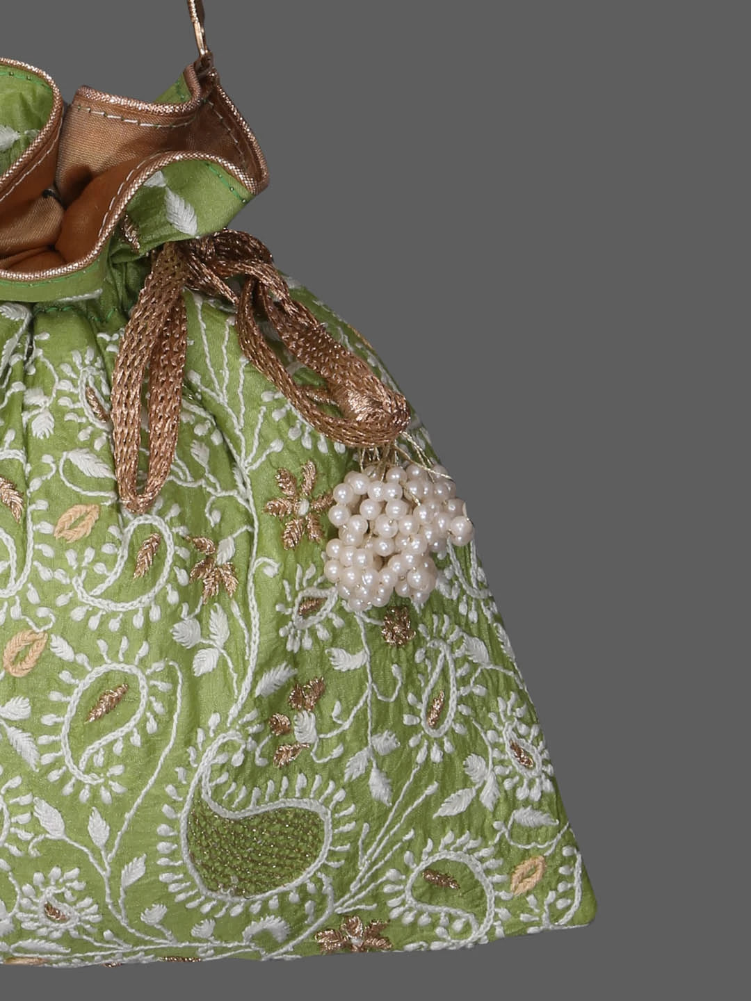 Ada Hand Embroidered Green Silk Lucknowi Chikankari Potli Bag With Zari Work 01A378190