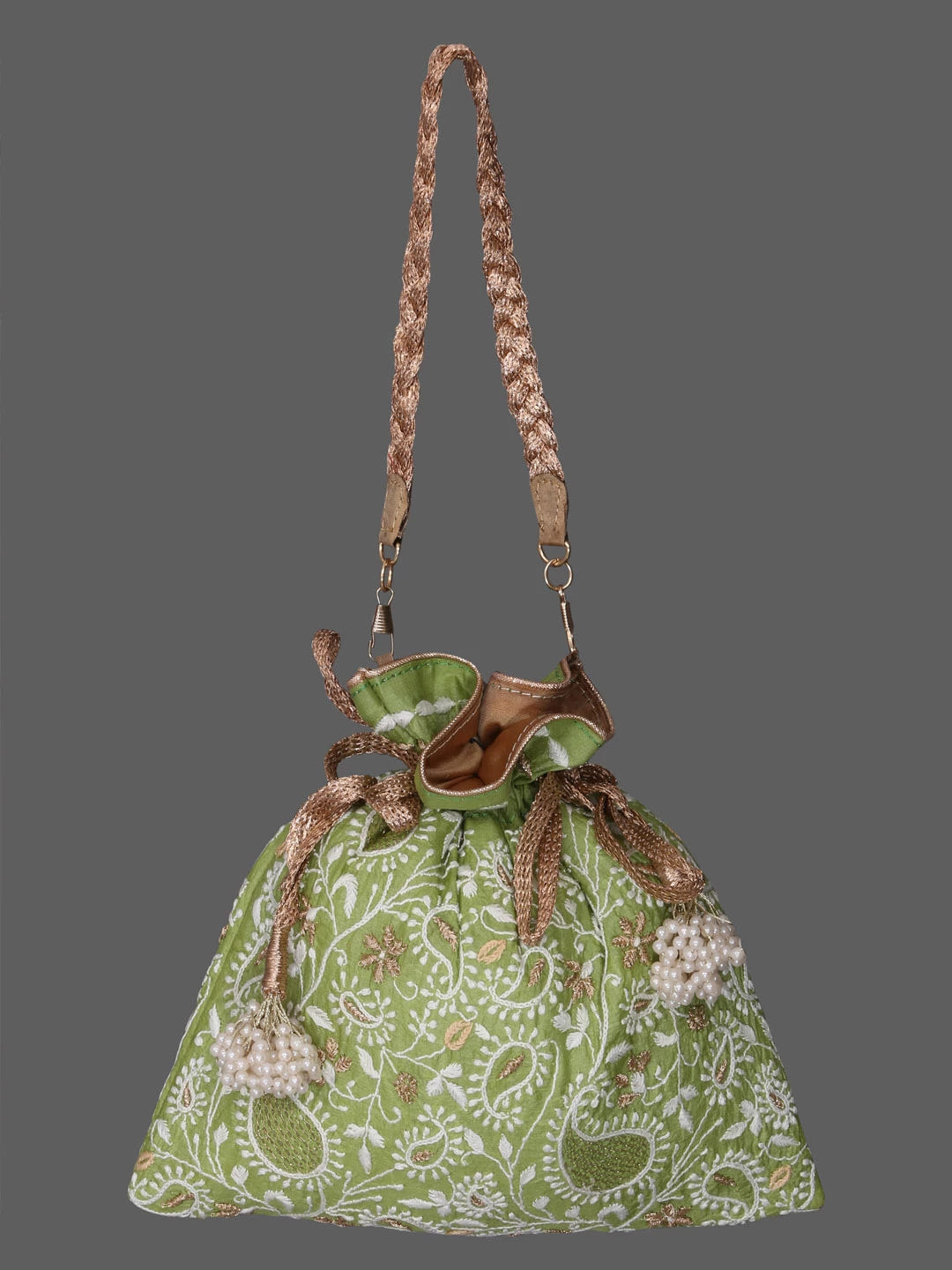 Ada Hand Embroidered Green Silk Lucknowi Chikankari Potli Bag With Zari Work 01A378190