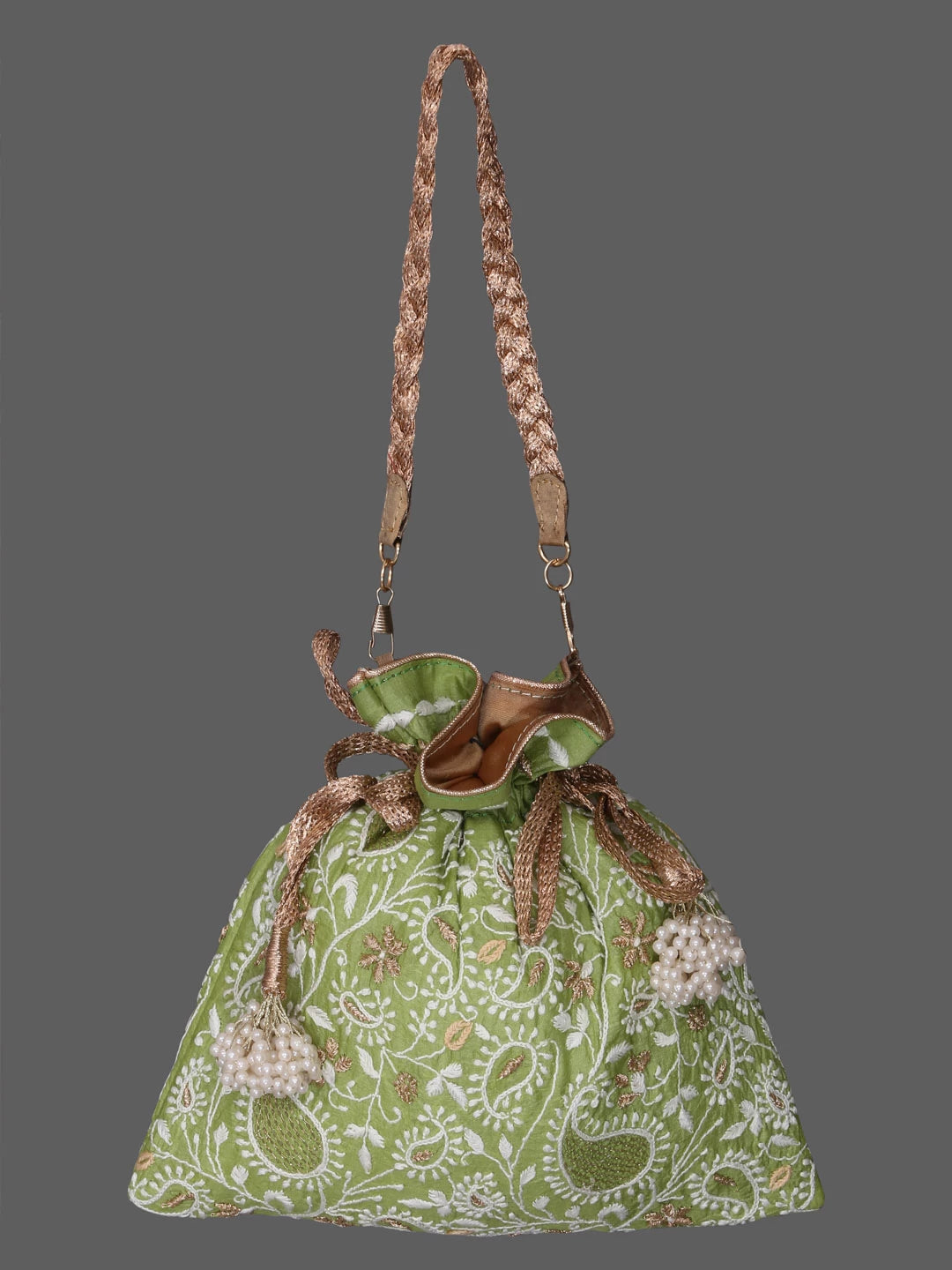 Ada Hand Embroidered Green Silk Lucknowi Chikankari Potli Bag With Zari Work 01A378190