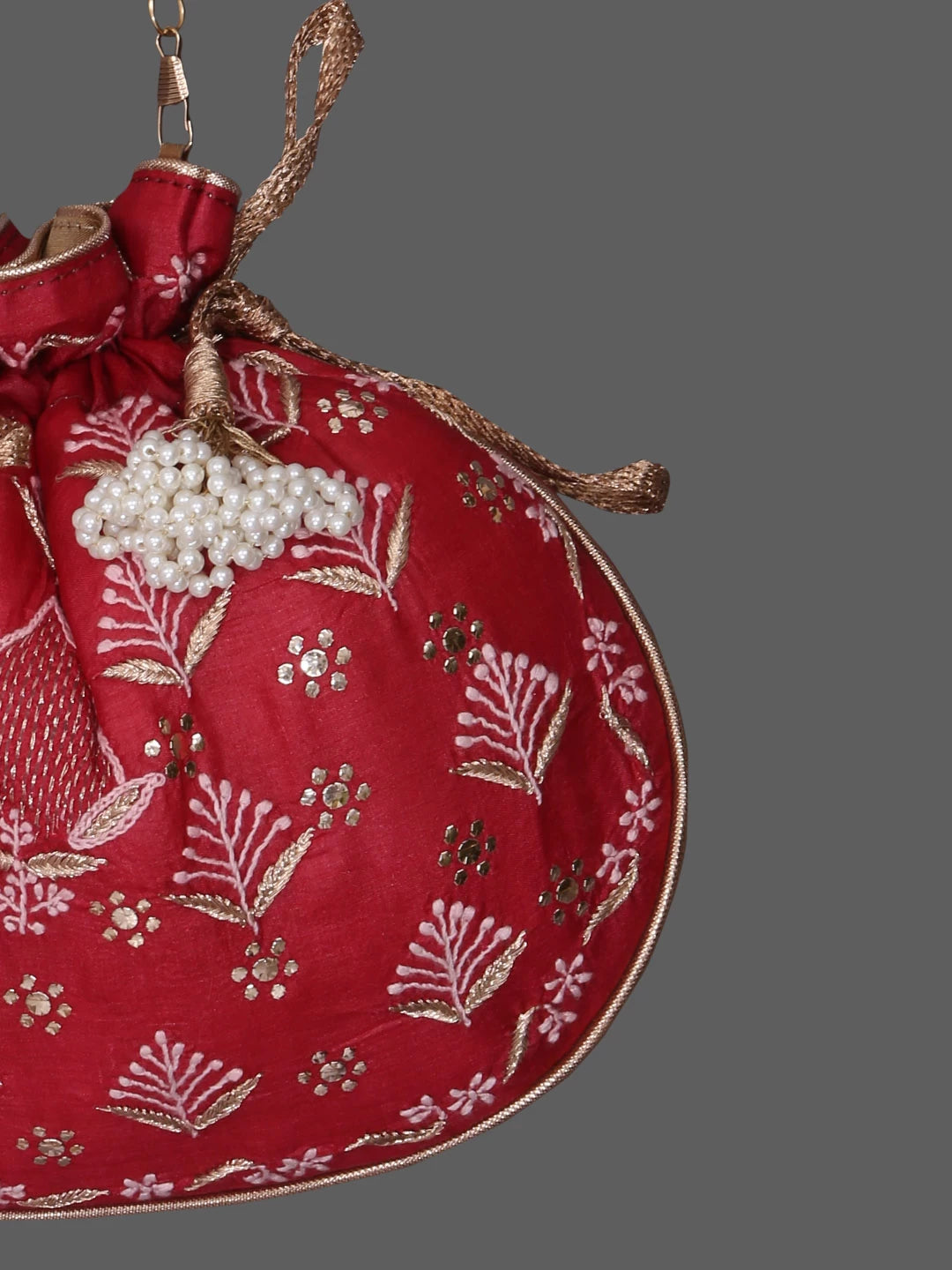 Ada Hand Embroidered Maroon Silk Lucknowi Chikankari Potli Bag With Muqaish Work 01A378243