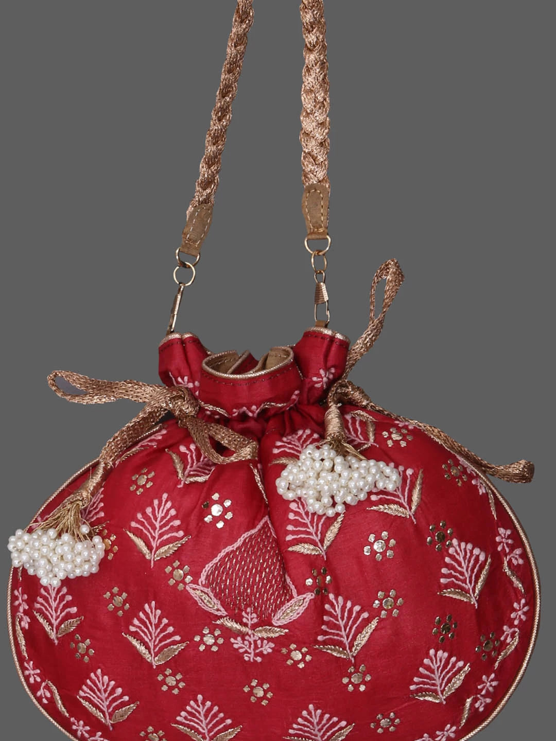 Ada Hand Embroidered Maroon Silk Lucknowi Chikankari Potli Bag With Muqaish Work 01A378243