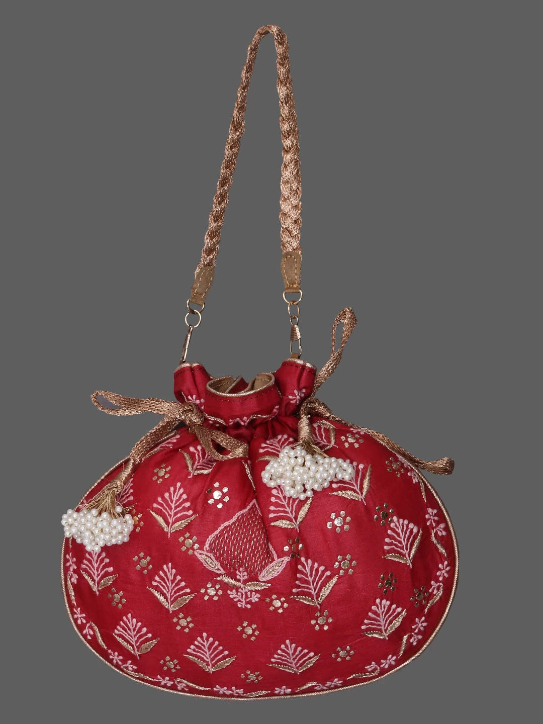 Ada Hand Embroidered Maroon Silk Lucknowi Chikankari Potli Bag With Muqaish Work 01A378243