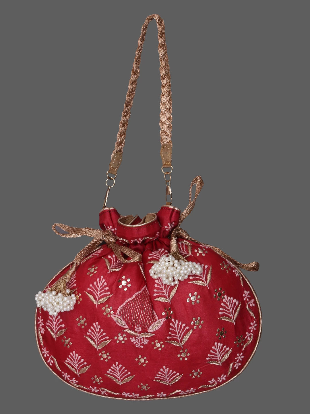 Ada Hand Embroidered Maroon Silk Lucknowi Chikankari Potli Bag With Muqaish Work 01A378243
