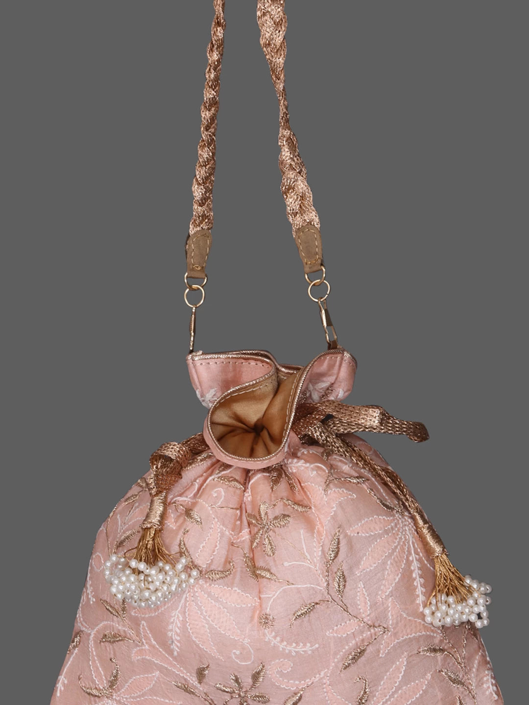 Ada Hand Embroidered Dusty Peach Silk Lucknowi Chikankari Potli Bag With Zari Work 01A378191