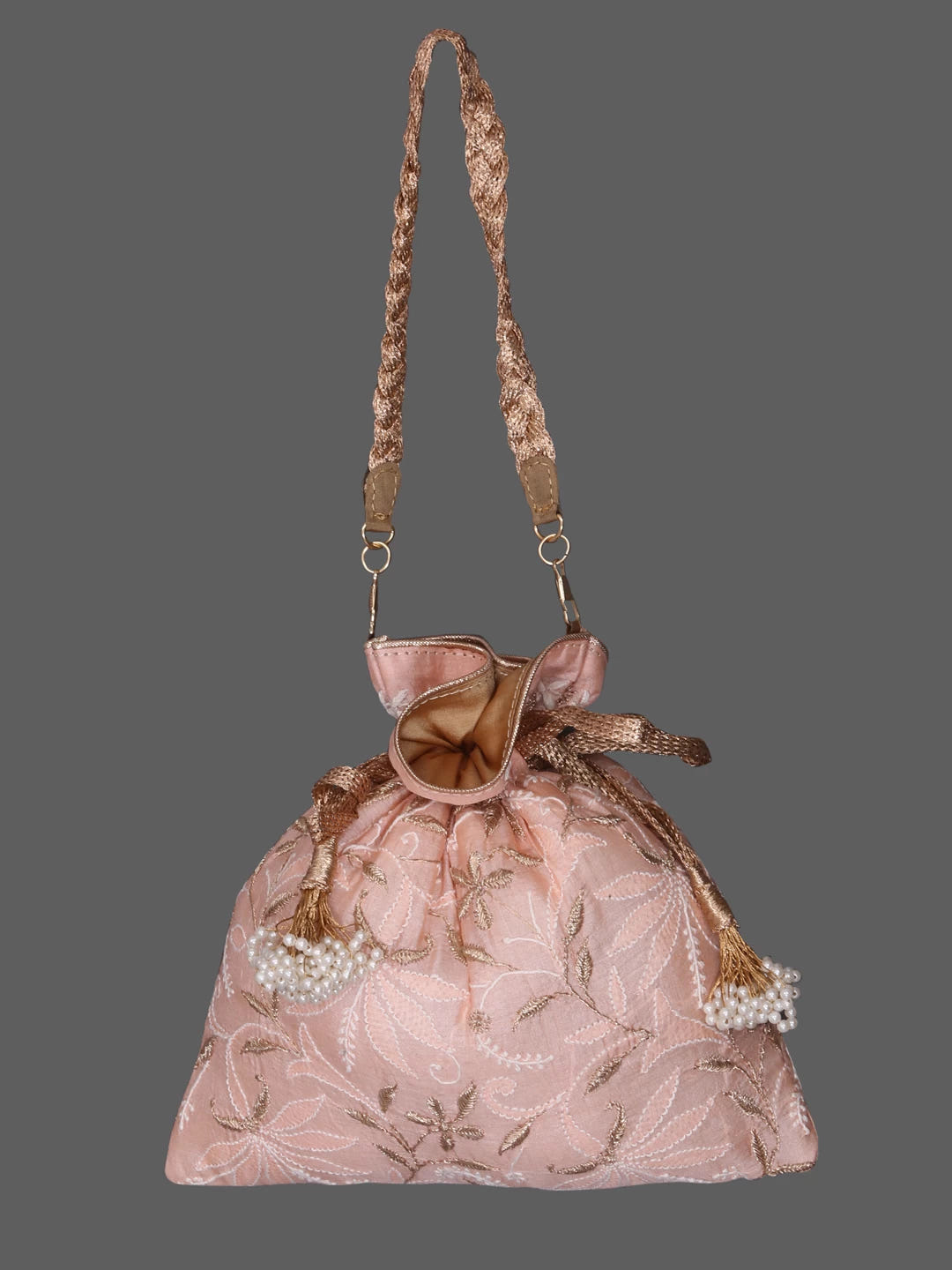 Ada Hand Embroidered Dusty Peach Silk Lucknowi Chikankari Potli Bag With Zari Work 01A378191