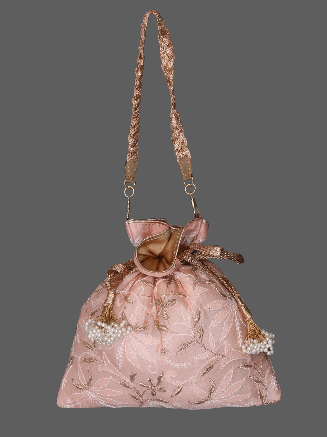 Ada Hand Embroidered Dusty Peach Silk Lucknowi Chikankari Potli Bag With Zari Work 01A378191