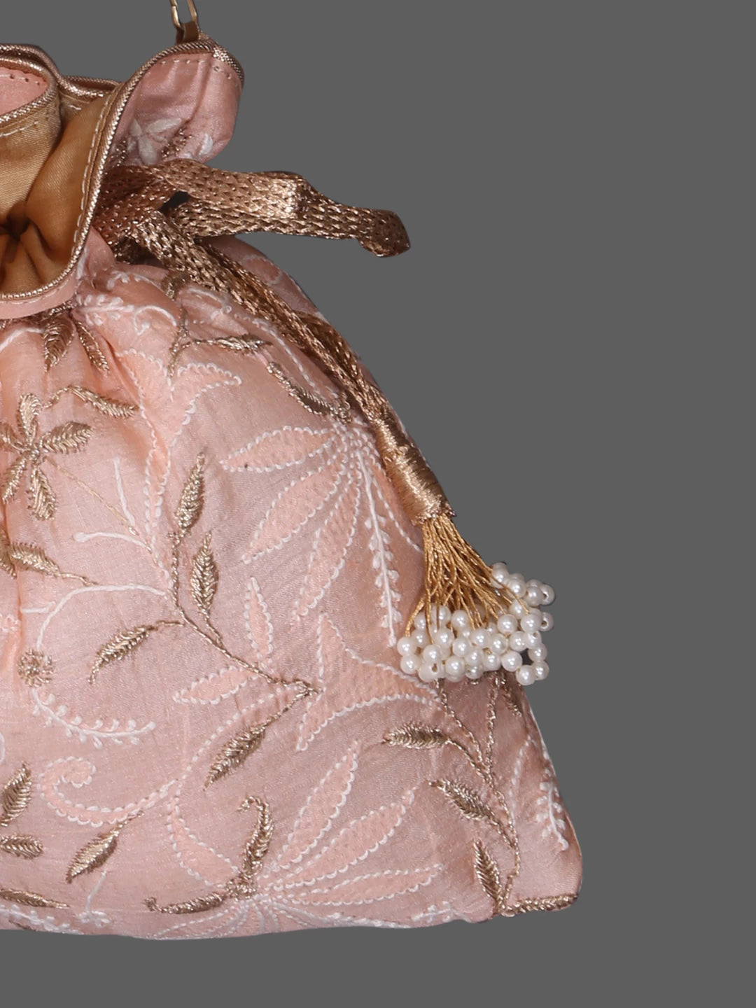 Ada Hand Embroidered Dusty Peach Silk Lucknowi Chikankari Potli Bag With Zari Work 01A378191