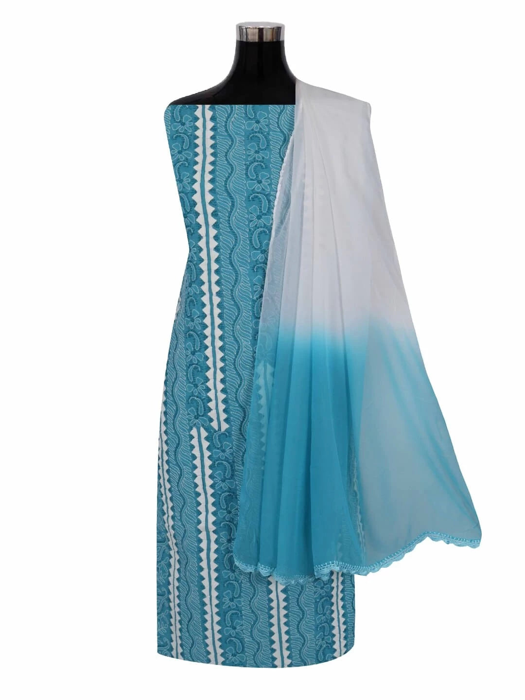 Ada Hand Embroidered Cyan Blue Cotton Lucknowi Chikankari Unstitched Suit Piece 01A106168