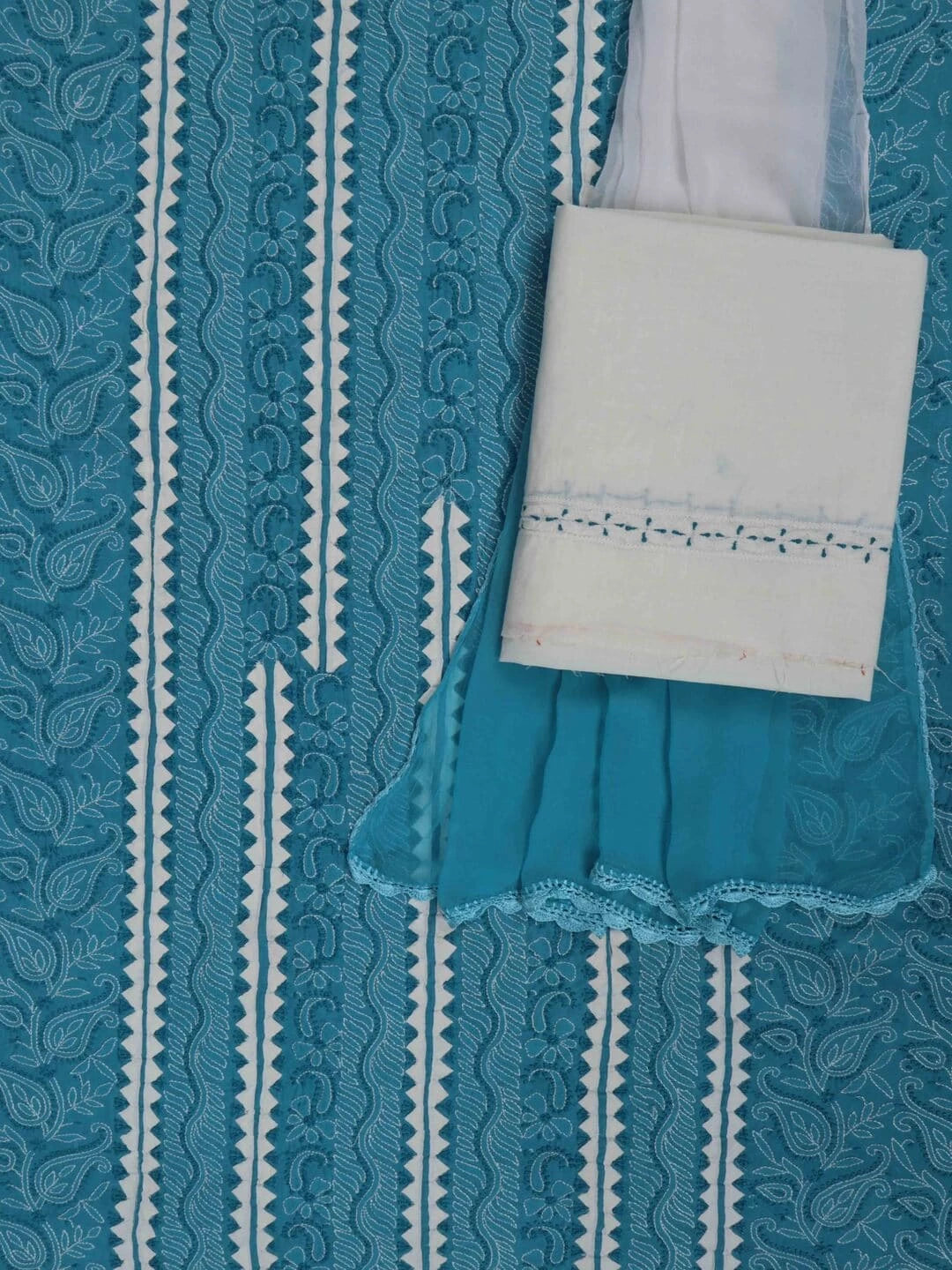 Ada Hand Embroidered Cyan Blue Cotton Lucknowi Chikankari Unstitched Suit Piece 01A106168