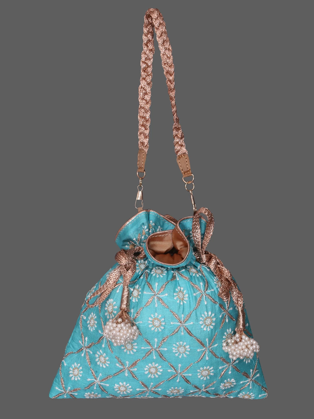 Ada Hand Embroidered Sky Blue Silk Lucknowi Chikankari Potli Bag With Zari Work 01A378238