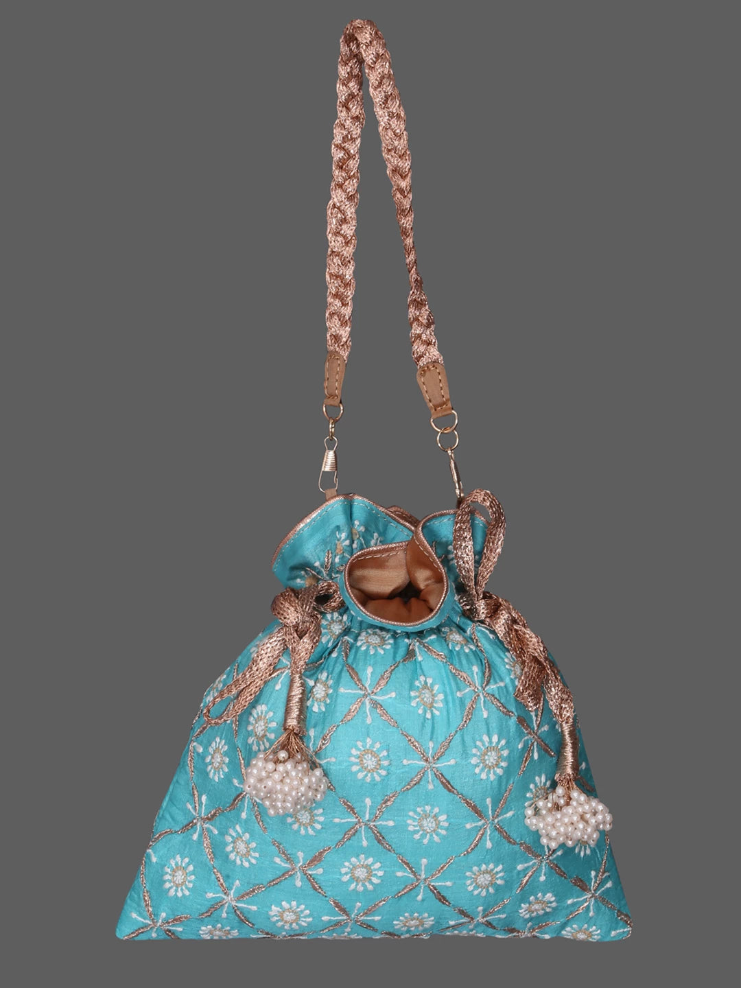 Ada Hand Embroidered Sky Blue Silk Lucknowi Chikankari Potli Bag With Zari Work 01A378238