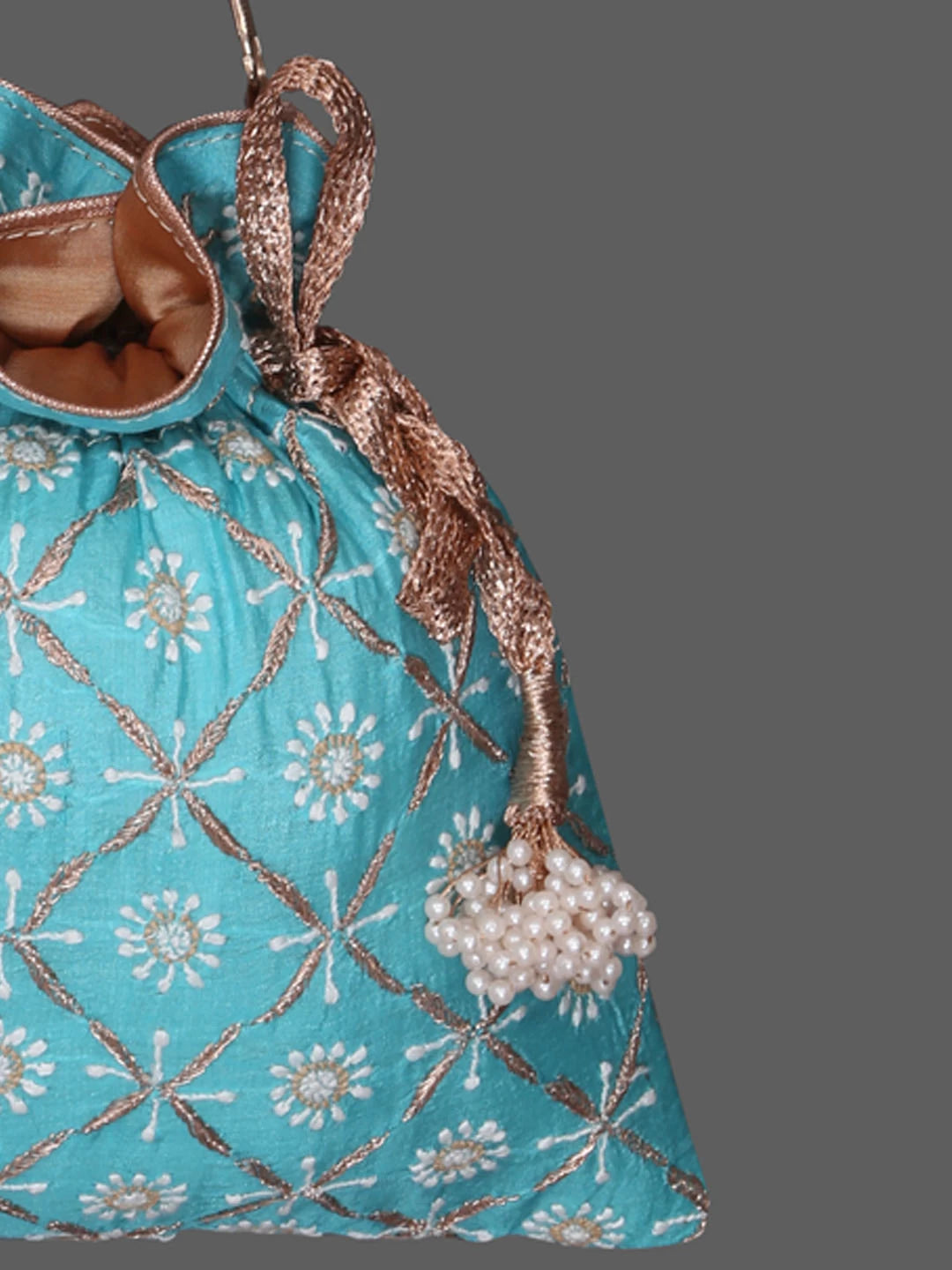 Ada Hand Embroidered Sky Blue Silk Lucknowi Chikankari Potli Bag With Zari Work 01A378238