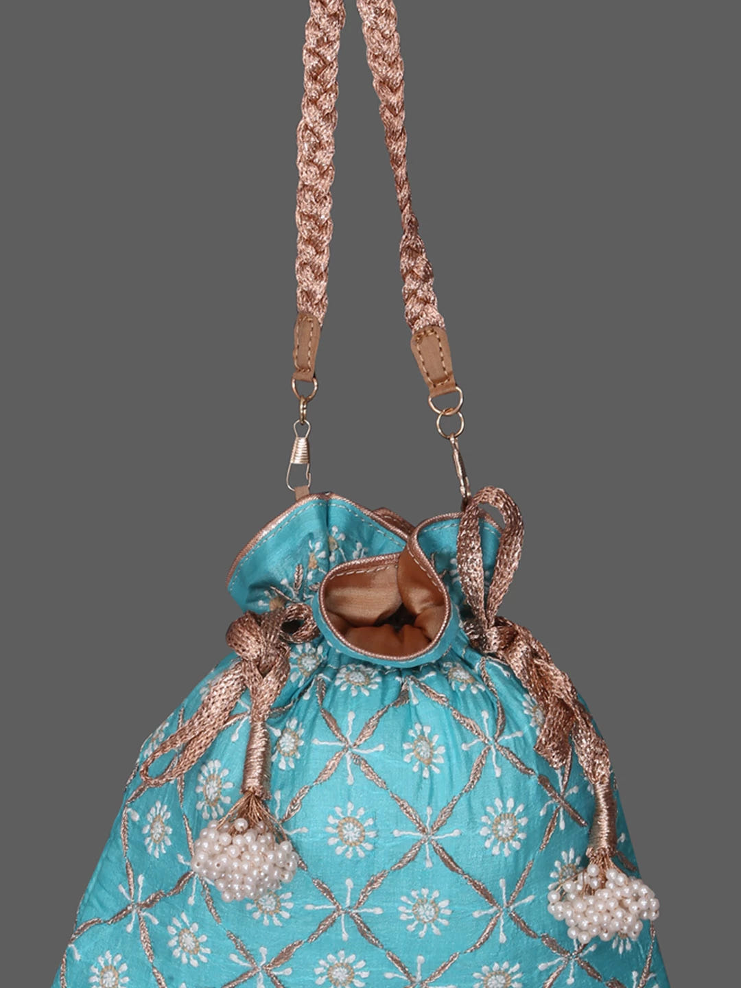 Ada Hand Embroidered Sky Blue Silk Lucknowi Chikankari Potli Bag With Zari Work 01A378238