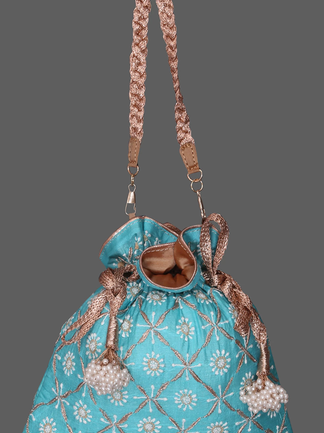 Ada Hand Embroidered Sky Blue Silk Lucknowi Chikankari Potli Bag With Zari Work 01A378238