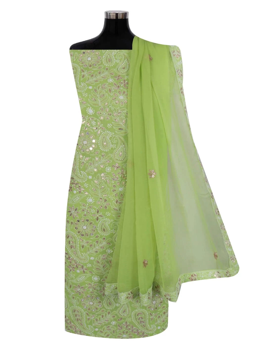 Ada Hand Embroidered Sheen Green Cotton Lucknowi Chikankari Unstitched Suit Piece With Gota Patti Work A317480