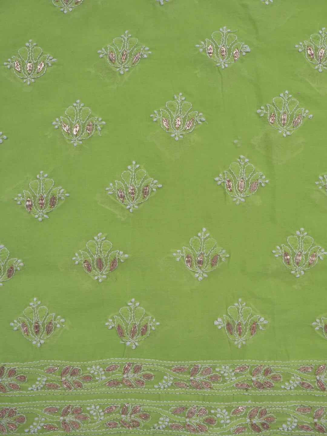 Ada Hand Embroidered Sheen Green Cotton Lucknowi Chikankari Unstitched Suit Piece With Gota Patti Work A317480