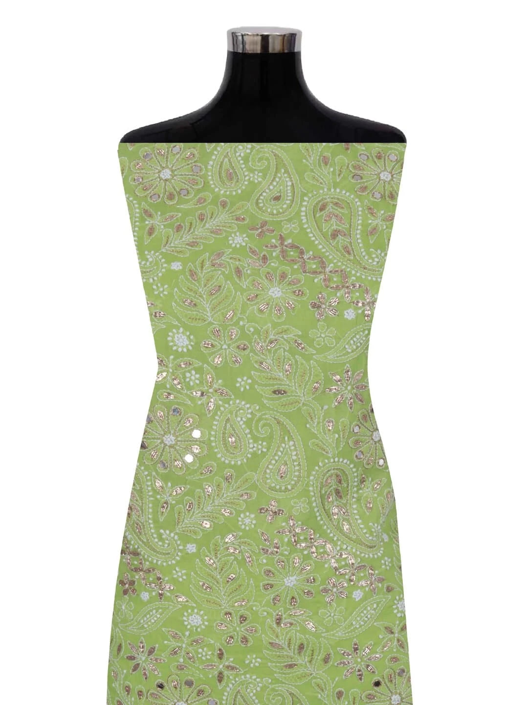 Ada Hand Embroidered Sheen Green Cotton Lucknowi Chikankari Unstitched Suit Piece With Gota Patti Work A317480