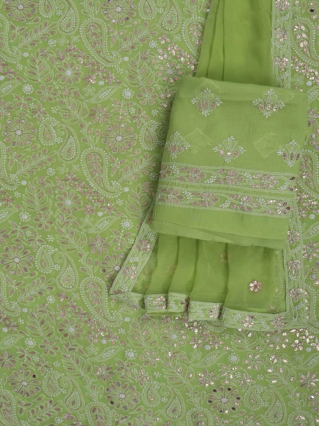 Ada Hand Embroidered Sheen Green Cotton Lucknowi Chikankari Unstitched Suit Piece With Gota Patti Work A317480