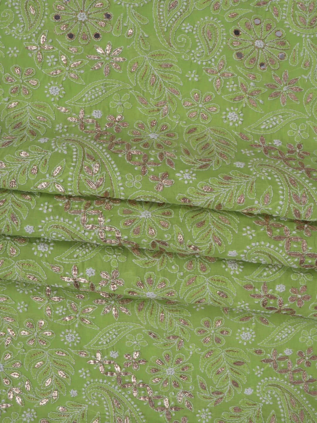 Ada Hand Embroidered Sheen Green Cotton Lucknowi Chikankari Unstitched Suit Piece With Gota Patti Work A317480