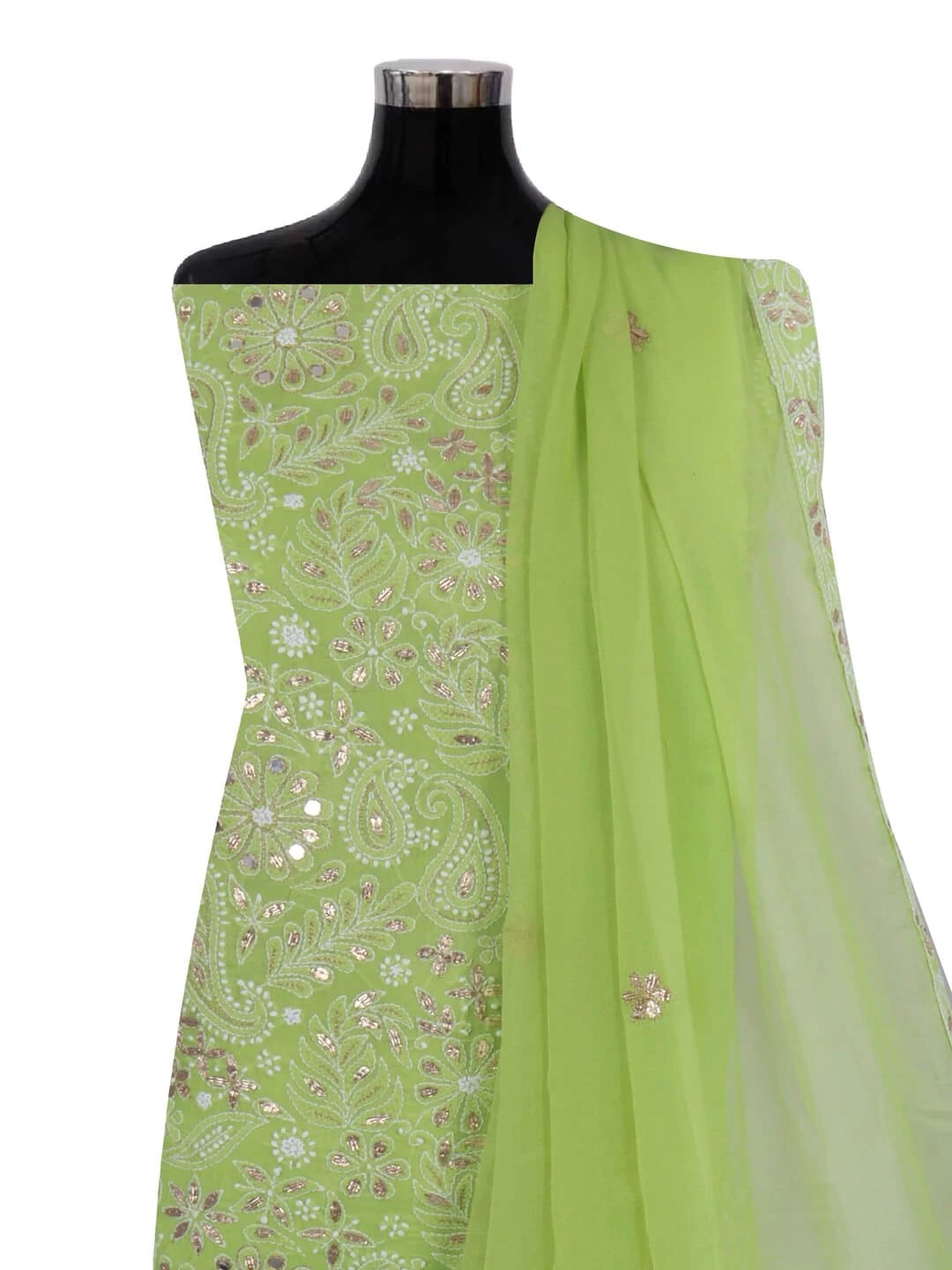 Ada Hand Embroidered Sheen Green Cotton Lucknowi Chikankari Unstitched Suit Piece With Gota Patti Work A317480