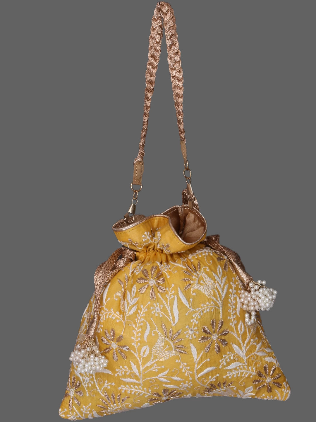 Ada Hand Embroidered Yellow Slik Lucknowi Chikankari Potli With Zari Work 01A378204
