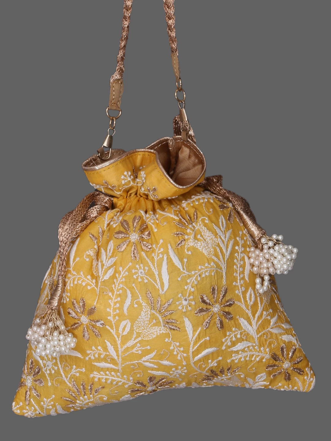 Ada Hand Embroidered Yellow Slik Lucknowi Chikankari Potli With Zari Work 01A378204