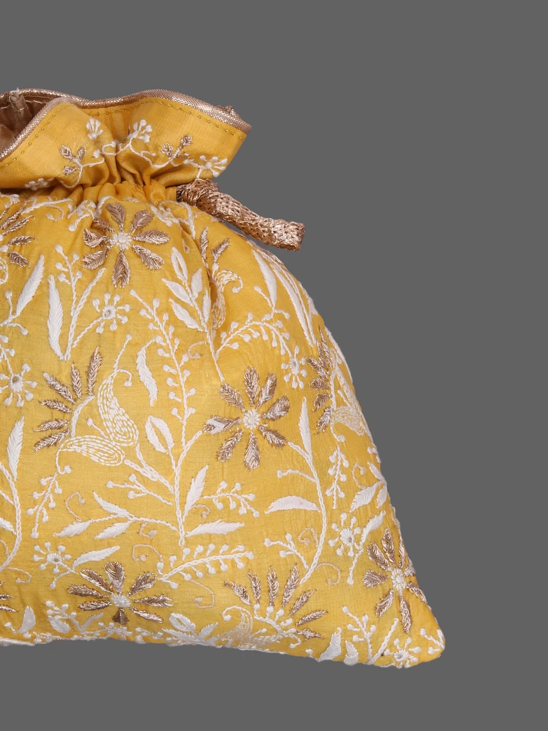 Ada Hand Embroidered Yellow Slik Lucknowi Chikankari Potli With Zari Work 01A378204