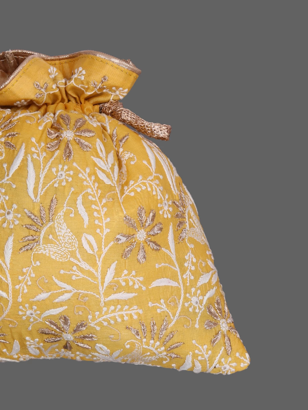 Ada Hand Embroidered Yellow Slik Lucknowi Chikankari Potli With Zari Work 01A378204