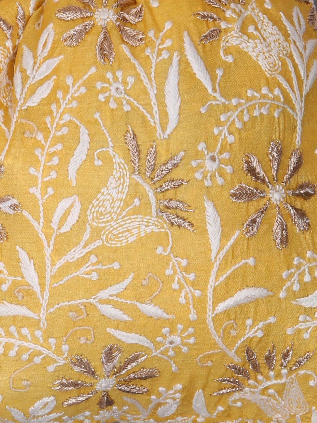 Ada Hand Embroidered Yellow Slik Lucknowi Chikankari Potli With Zari Work 01A378204