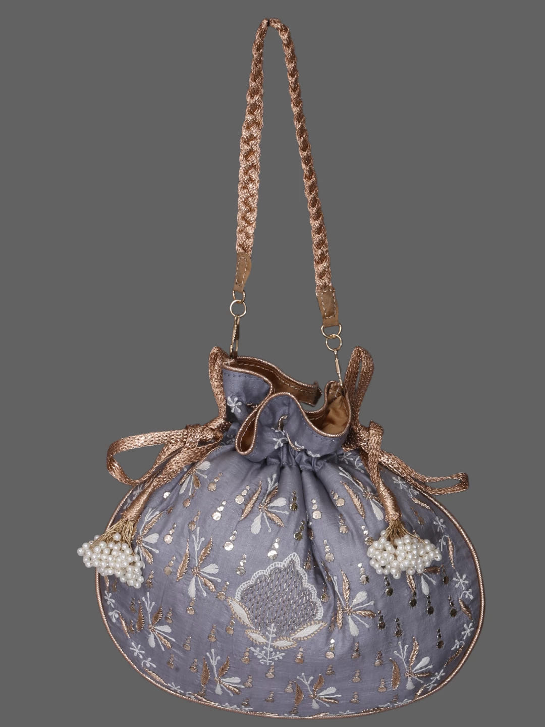 Ada Hand Embroidered Grey Silk Lucknowi Chikankari Potli Bag With Muqaish Work 01A378246
