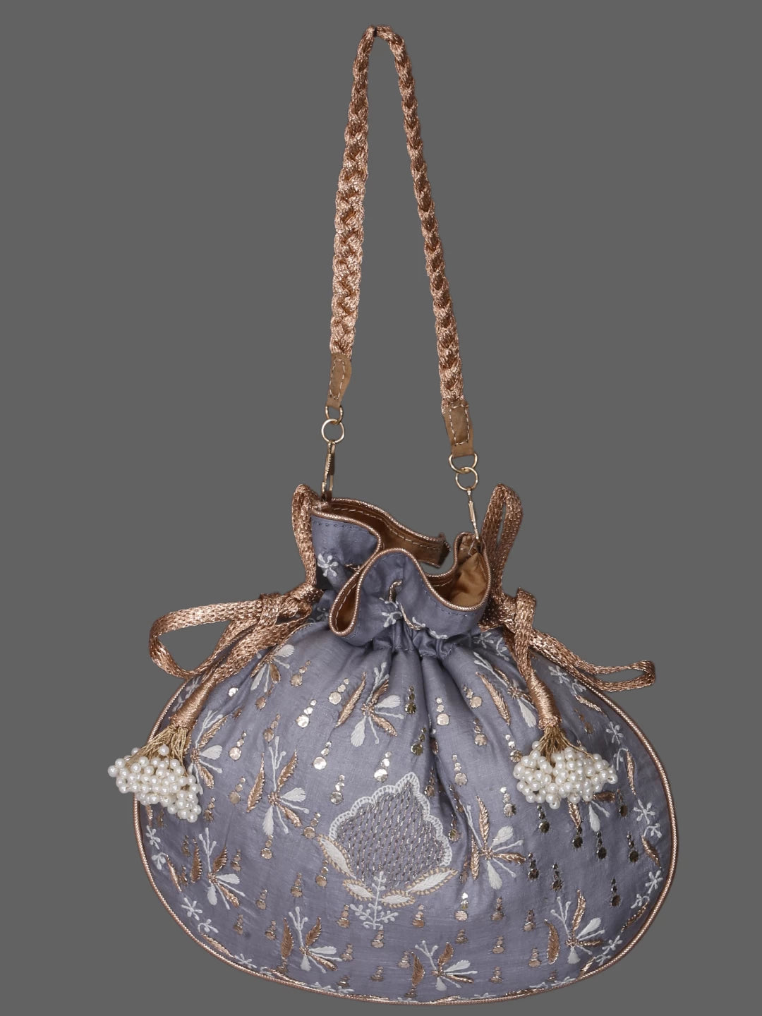 Ada Hand Embroidered Grey Silk Lucknowi Chikankari Potli Bag With Muqaish Work 01A378246